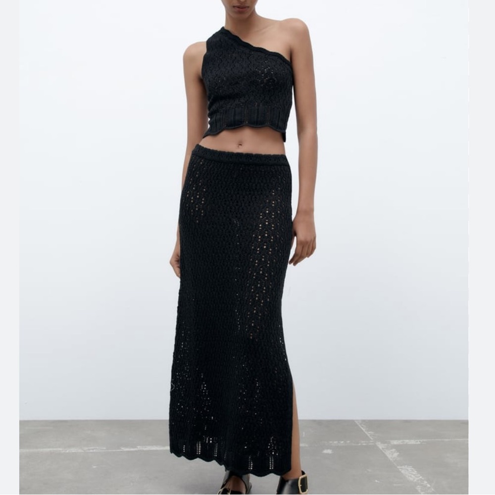 Zara Asymmetrical Pointelle Knit Top and Skirt
